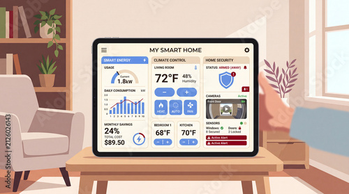 Tablet with smart home control dashboard on coffee table in cozy living room interior flat vector illustration