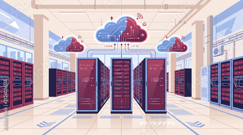 Cloud computing infrastructure in server room with glowing cloud icons and data racks flat vector illustration