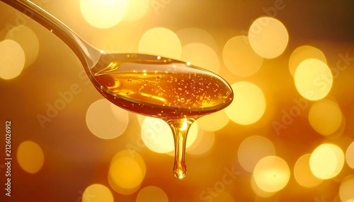 Natural Sweet Honey Dripping from a Spoon in Macro Close Up with Golden Glow and Copy Space
