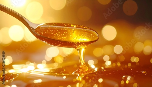 Golden Honey Dripping from a Spoon Close Up with Natural Organic Texture and Copy Space