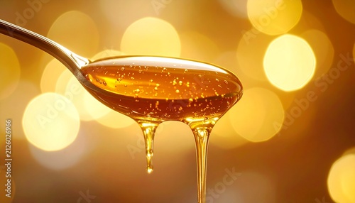 Natural Organic Golden Honey Dripping from a Spoon in Detailed Macro Close Up with Copy Space