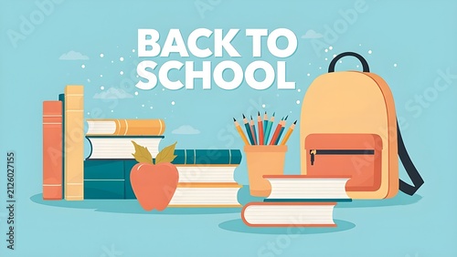 Back to school vector background banner with stacks of books pencil holder red apple and backpack
