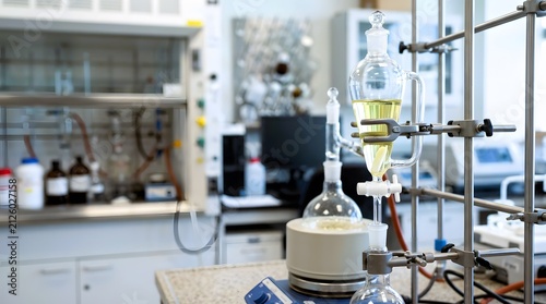 closeup of laboratory glass pressure equalizing addition funnel mounted on precision support for controlled reagent addition