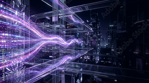 Futuristic city with glowing light trails moving through transparent architecture structures
