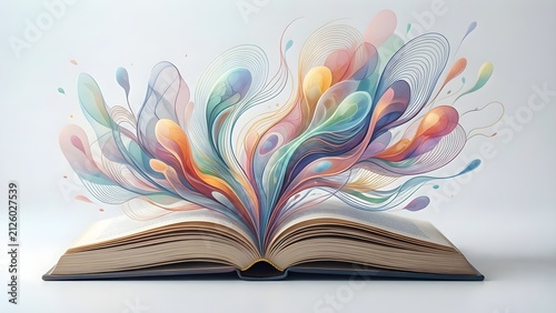 Open Book with Colorful Abstract Fluid Waves Symbolizing Imagination Knowledge and Storytelling