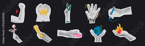 Halftone Hand Gesture Cutout Sticker Collection, hand gesture, halftone, cutout, sticker, collage, pop art, retro, vintage, comic, newspaper, texture
