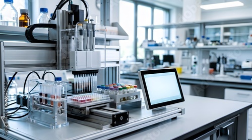 closeup of automatic laboratory sample aliquoting workstation with precision dispensing system for biomedical research diagnostics and laboratory automation workflow