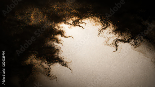 Hair curl shadow texture, dark curly strand on beige background with smoky shape