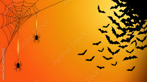 Halloween themed orange gradient with black spiderwebs and bats