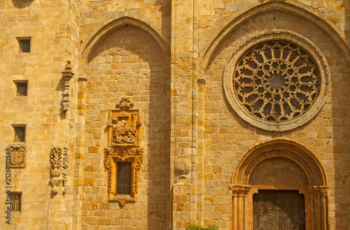 Historic Spanish Mondoñedo Cathedral Facade with Rose Window and Carvings.