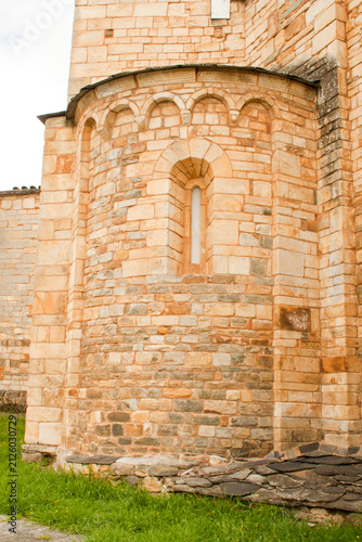 Historic Romanesque Stone Wall Detail with Arched Windowl. San Martiño Church