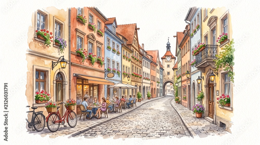 Naklejka premium Watercolor painting of a European street. Artistic illustration of a cozy old town city.