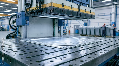 Automotive stamping press with a formed door panel in sharp focus and blurred factory workers behind. Concept of car body manufacturing.