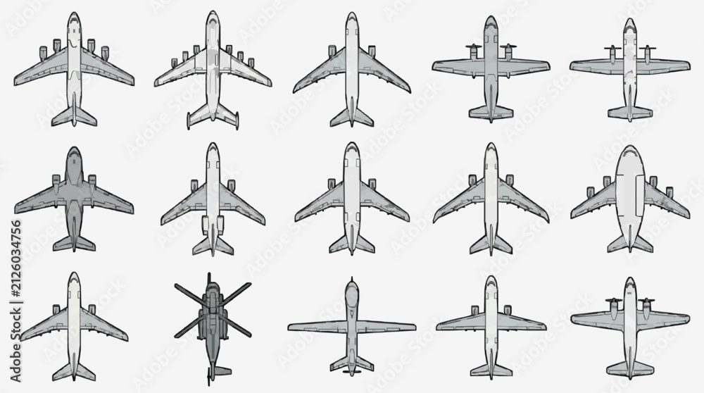 Fototapeta premium Industrial Top Down Technical Line Drawings of Various Military and Commercial Aircraft in Monochrome