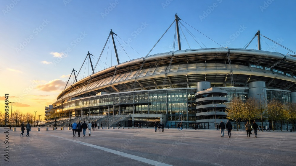 Obraz premium Modern circular stadium exterior at sunset with glass facade, steel cables, spiral ramps and people walking across a wide open plaza