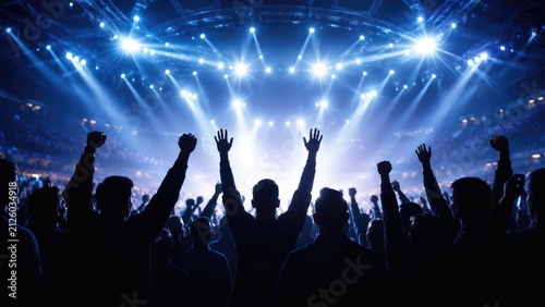 Silhouetted concert crowd with raised hands under bright blue stage lights, energetic live music atmosphere in a large arena