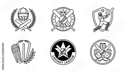 Cricket Logos and Icons Set Featuring Bats, Balls, Gloves, and League Emblems in Vector Design Style