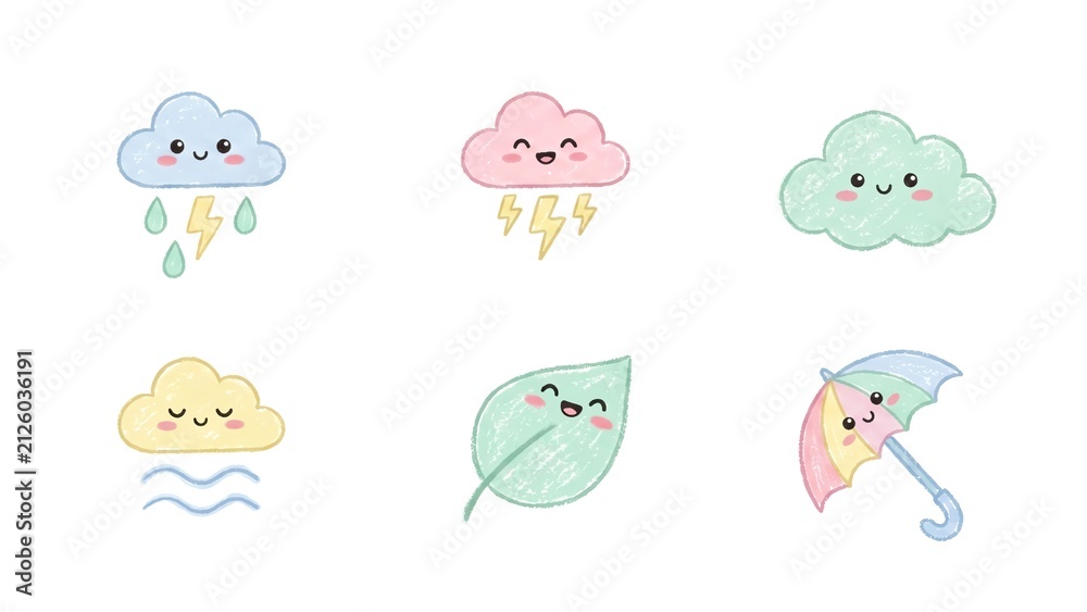 Obraz premium Set of Cute Kawaii Weather Icons with Clouds Rain Lightning Leaf and Umbrella Pastel Colors