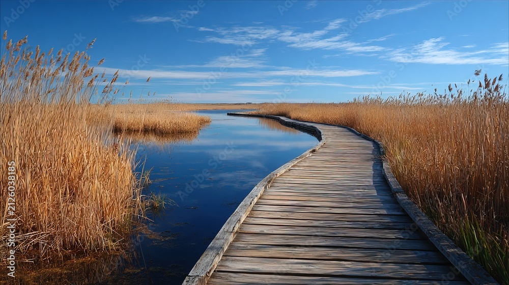 Obraz premium Serene Wooden Boardwalk Over Marshland During Sunset.