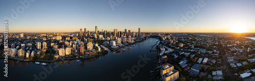 Sunset aerial view of Brisbane city and the Brisbane River