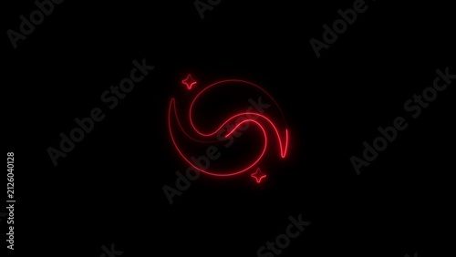 Red neon taegeuk symbol with four-pointed stars on black background