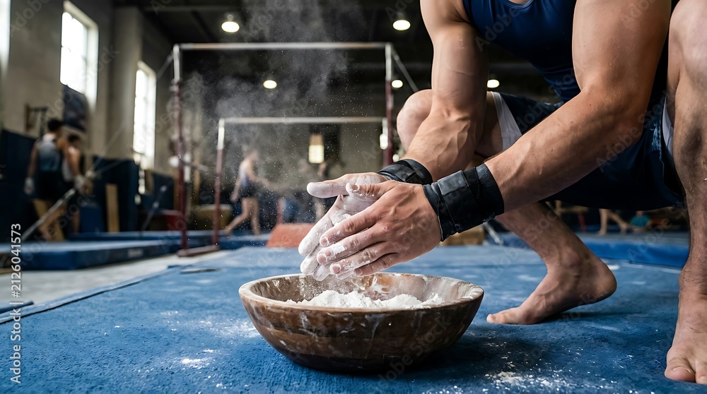 Obraz premium Gymnast preparing hands with magnesium chalk in a professional gymnastics training facility.