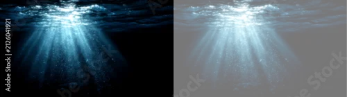 Panel kuchenny z motywem Deep underwater scene with sun rays shining through ocean surface. Sunbeams filtering through dark blue water overlay effect