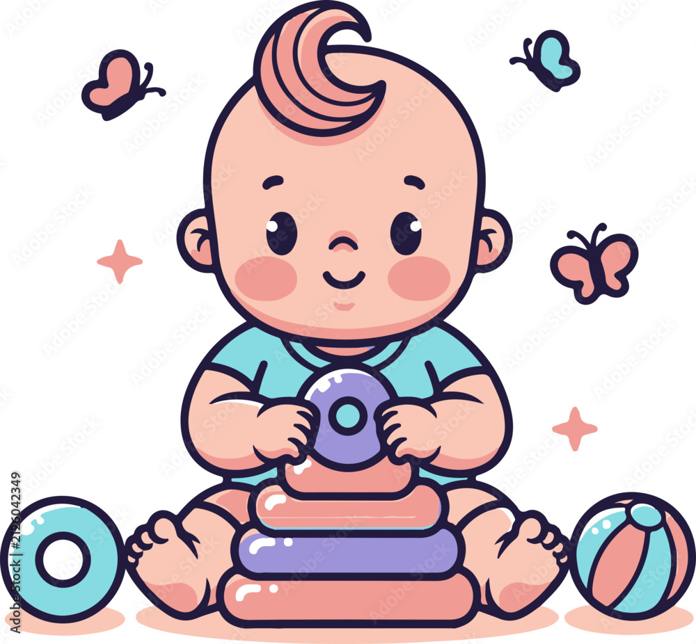 Naklejka premium A cute baby playing with colorful toys and blocks in a fun