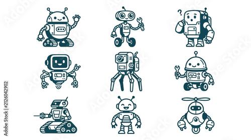Mini robot and droid character icons for sci-fi games.