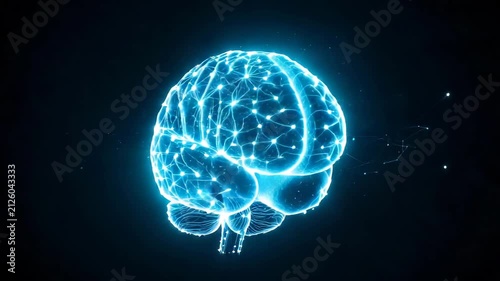 Digital brain network rotating with glowing particles and connections in dark space