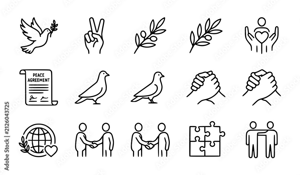 Fototapeta premium Peace and Unity Minimal Outline Icons Set with Dove Treaty and Olive Branch Vector Collection