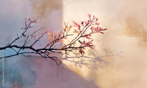 Delicate tree branch with small pink leaves casts a soft shadow on a neutral, painterly background.