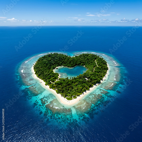 Aerial view of lush tropical heart shaped island surrounded by turquoise blue ocean waters on clear sunny summer day.