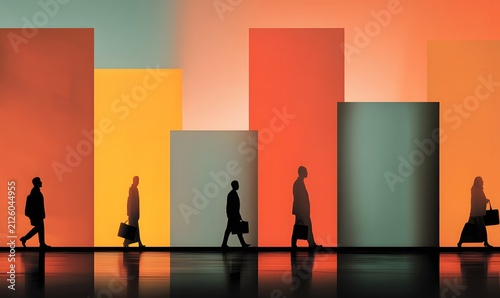Silhouettes of business people walking past tall, colorful geometric blocks against a bright, warm-toned gradient background.