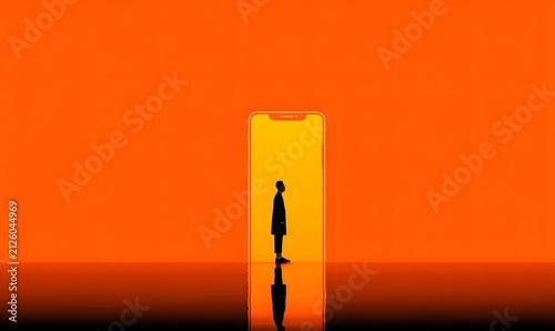 Solitary figure stands silhouetted against a vibrant orange background inside a glowing smartphone.