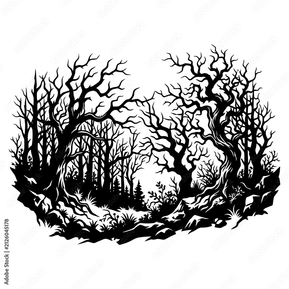 Fototapeta premium Spooky dead forest silhouette vector, gnarled bare trees in haunted woods, dark gothic landscape illustration for Halloween and horror design
