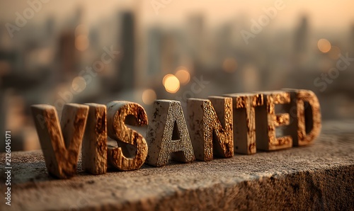 The weathered word 'vigilanted' stands in relief against a blurred city skyline at sunrise.