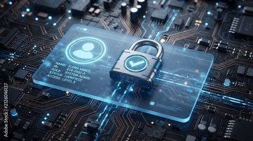 Digital security concept with a padlock and user profile on a circuit board background
