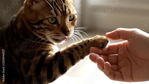 Cat paw touching hand.