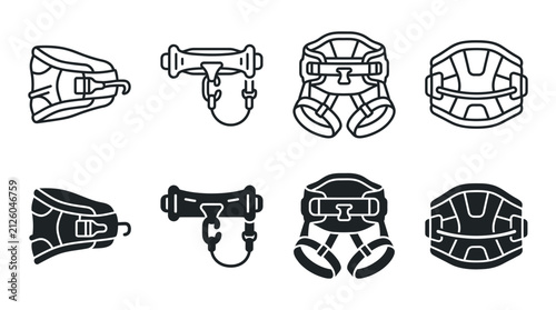 Collection of windsurfing and kitesurfing harness icons showing various fastening systems in graphic style with activity