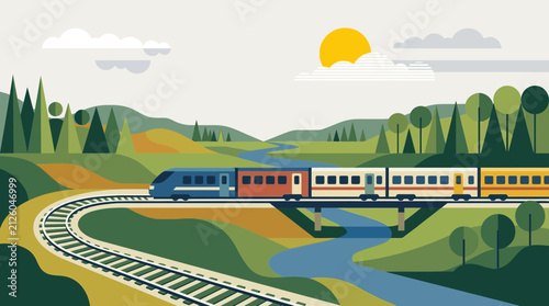 Geometric transportation illustration featuring a passenger train traveling on winding railway tracks along a green river valley at sunrise in blue, green, and yellow.