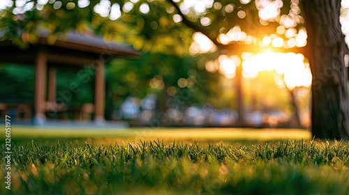 Serene Park Gazebo Bathed in Golden Hour Sunlight with Lush Green Grass Foreground.