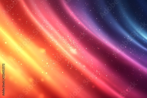 Abstract curved lines of vibrant colors, from yellow to blue, with sparkling light effects and particles.