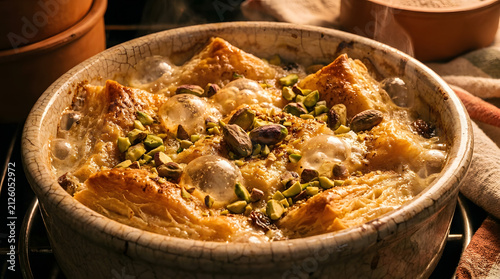 Traditional egyptian om ali dessert baked bread pudding with pistachios and puff pastry dish.
