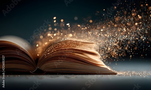 An ancient, opened book radiates magical golden light and sparkling dust particles into the surrounding darkness.
