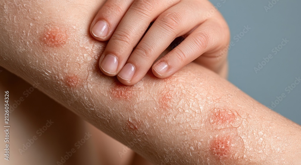Fototapeta premium Close-up of a person's arm showing red, flaky, dry skin patches