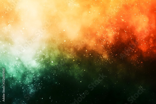 Dynamic abstract composition of colorful dust particles swirling with hints of white and green.