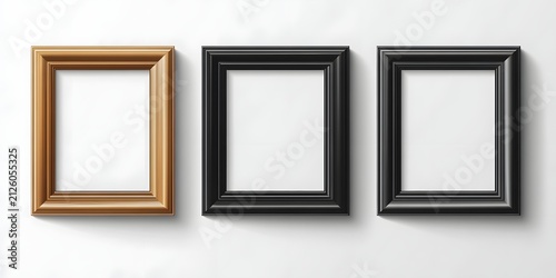 Three empty picture frames—one ornate gold, two sleek black—are displayed against a clean white background.