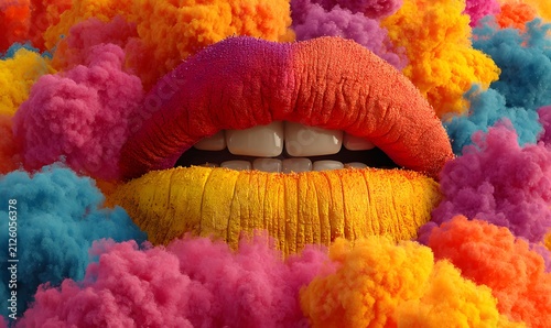 Close-up of vibrant, multi-colored lips surrounded by colorful powder clouds, expressing creativity and bold expression.