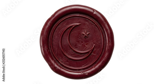 Burgundy wax seal stamp with crescent moon and star on transparent background